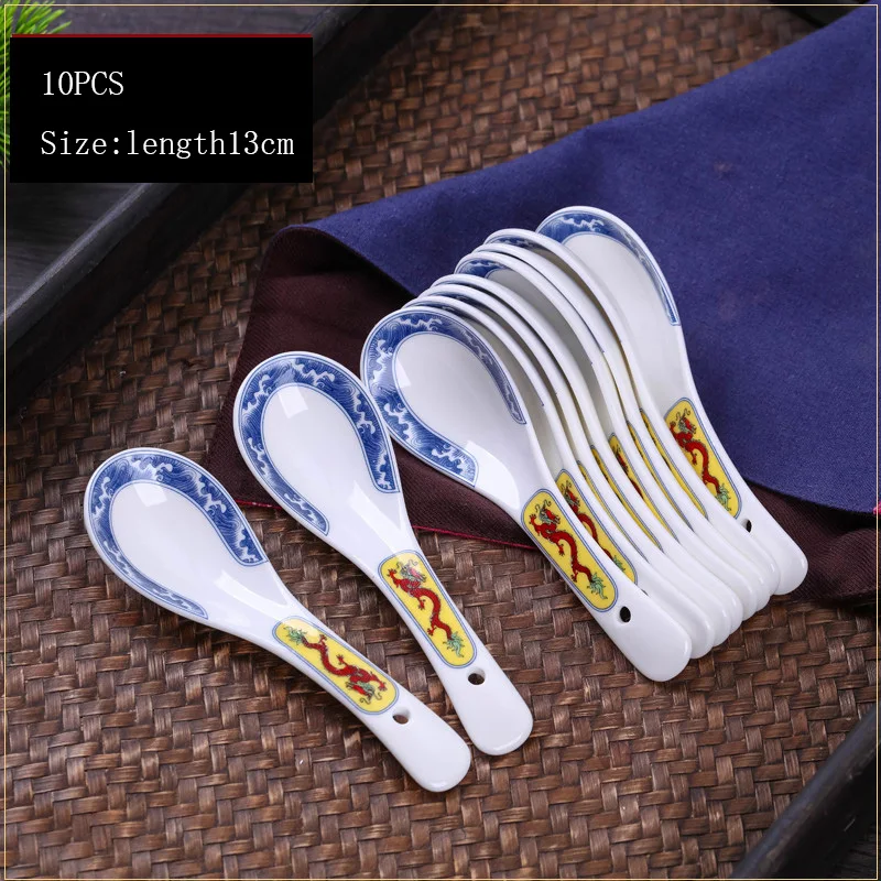 10PCS/Lot Chinese Spoon Ceramic Porcelain Soup Scoop Cooking Kitchen Tool Tableware Accessories Studen Rice Spoons Tablespoons