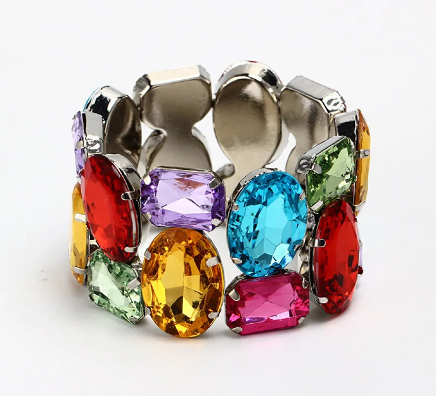 Womens Wide Elastic Shiny Bracelet  Colorful Crystal Glass Bangles