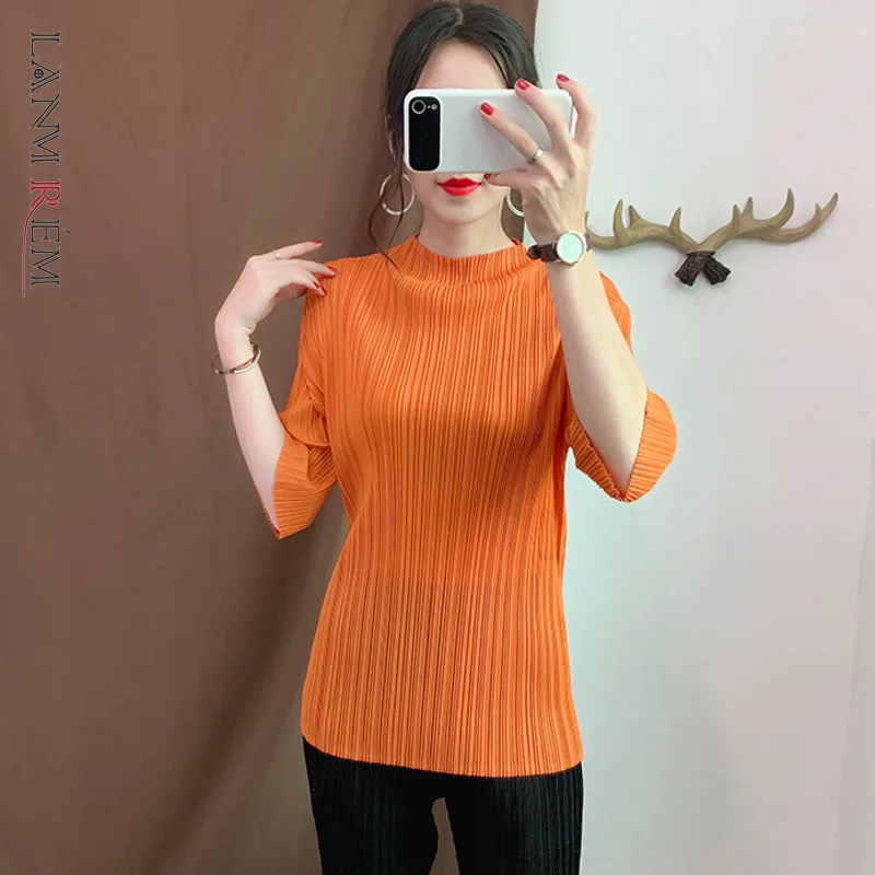 LANMREM Orange Stand Collar Cropped Sleeves Pleated Loose Plus Woman T-shirt Casual Wild Simple Fashion 2024 Spring New TV736