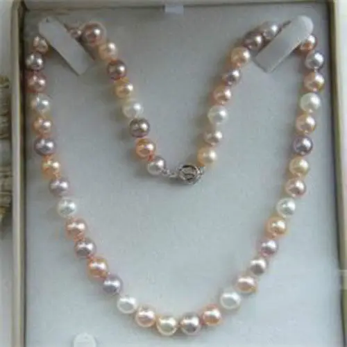 

FREE shipping 7-8mm Genuine Natural White & Pink & Purple Akoya Cultured Pearl Necklace 17" 6.07