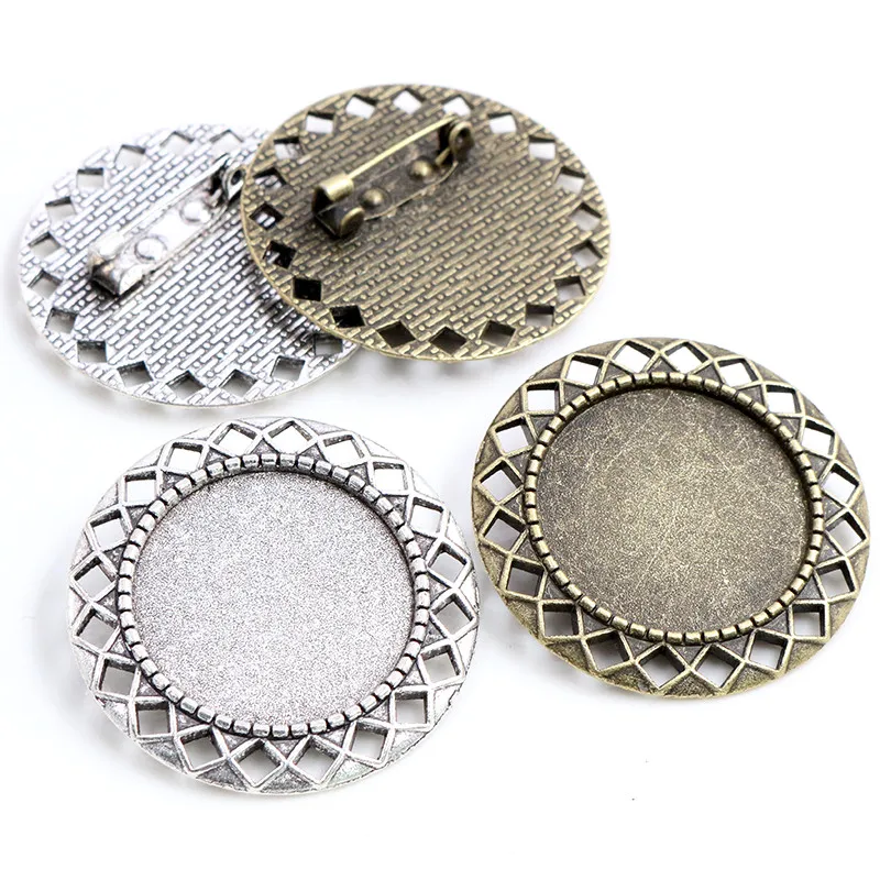 

New Fashion 5pcs 25mm Inner Size Antique Silver Plated Bronze Brooch Pierced Style Cabochon Base Setting