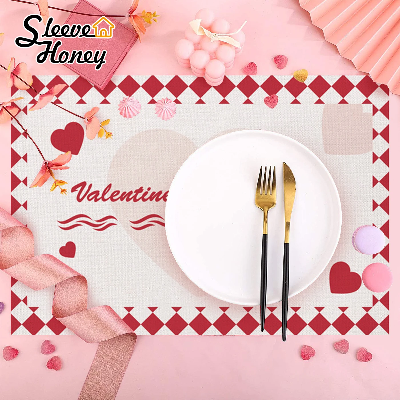 

2\4\6Pcs Placemats Love Hearts Set Valentine's Day Linen Double-sided Printing Kitchen Dining Decor Waterproof Mat