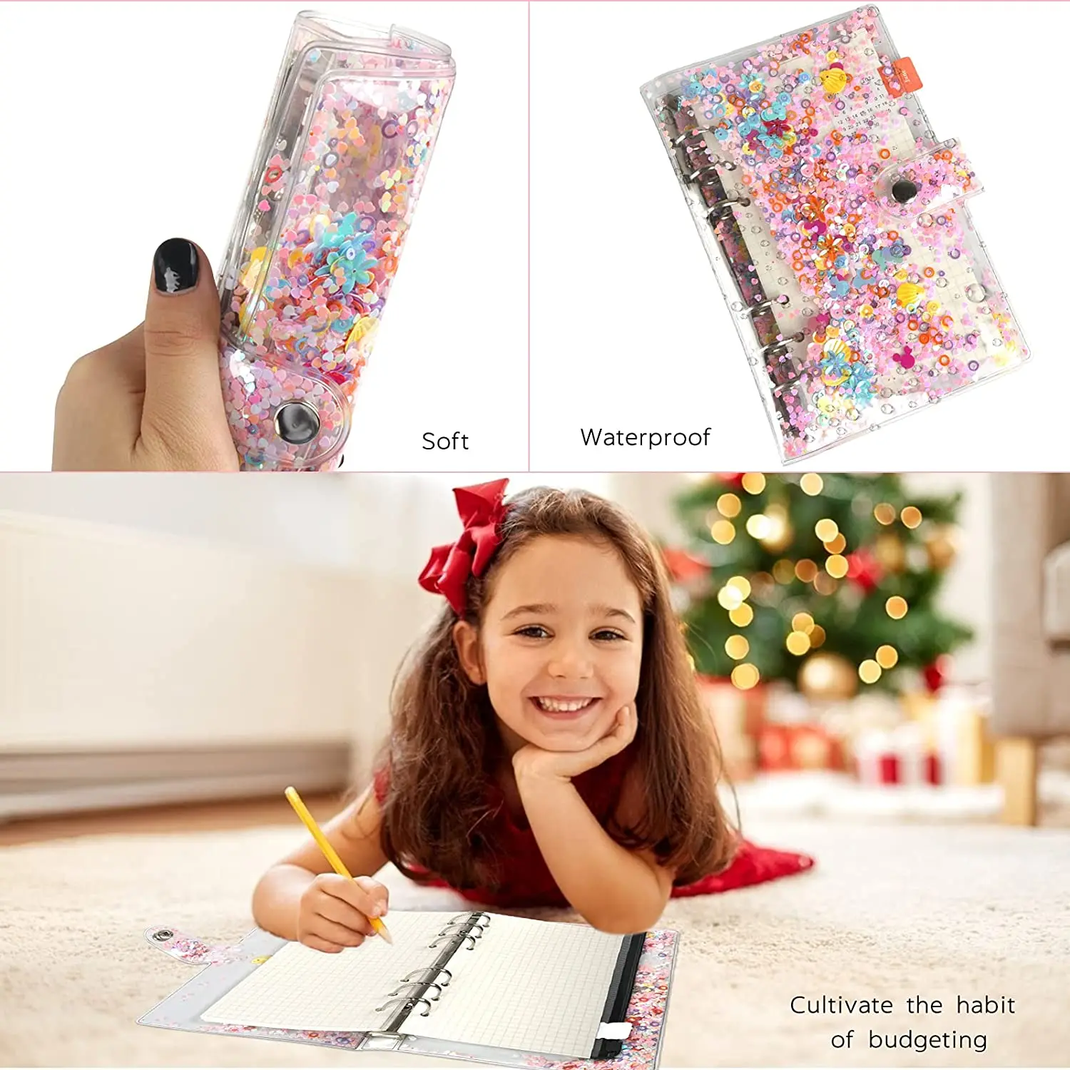 A6 Soft PVC Notebook Binder Cover Planner Protector with 12 Zipper Pockets Folders/Index Label Sticker for Cash Budget Envelope