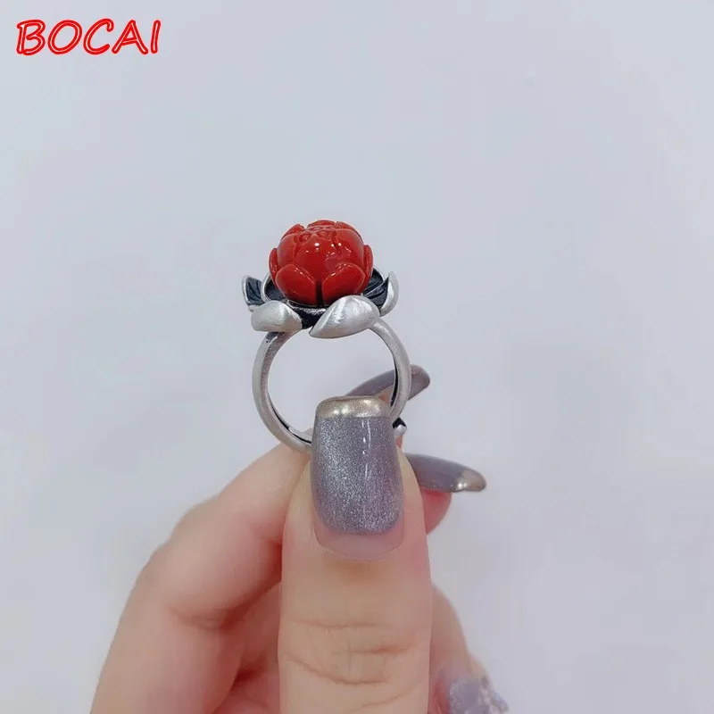 

New genuine 925 sterling silver southern red lotus ring female opening atmosphere wishful Chinese style ring jewelry