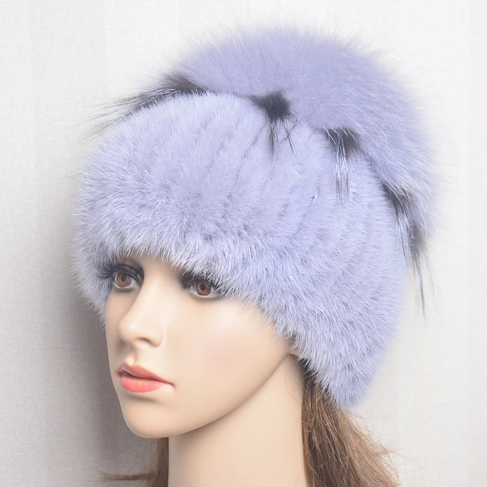 High Quality Mink Fur Hat For Women Natural Mink Fur Hat With Luxury Big Pompom Fox Fur Ball Beanies Winter Women\'s Cap Lady Hat