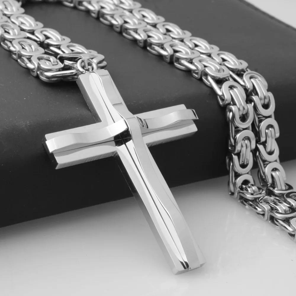 

Hot Selling Stainless Steel Cross Necklaces Crucifix Pendant & Necklace for men Vintage Stainless Steel Men 6mm Byzantine Chain