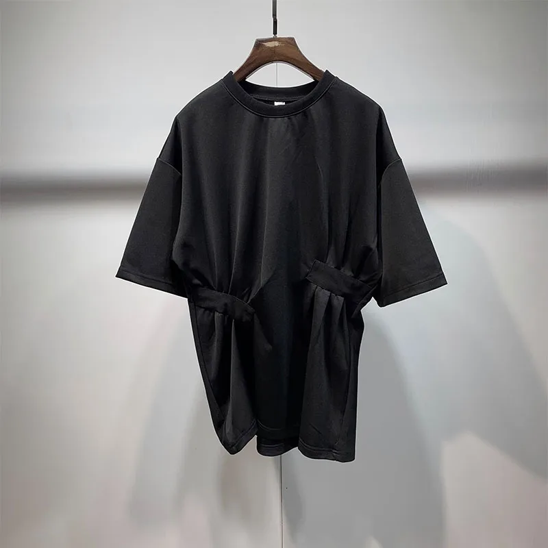 Summer Large sizeKorean asymmetric fold waist design loose round neck t-shirt men's dark non iron thin T-shirt