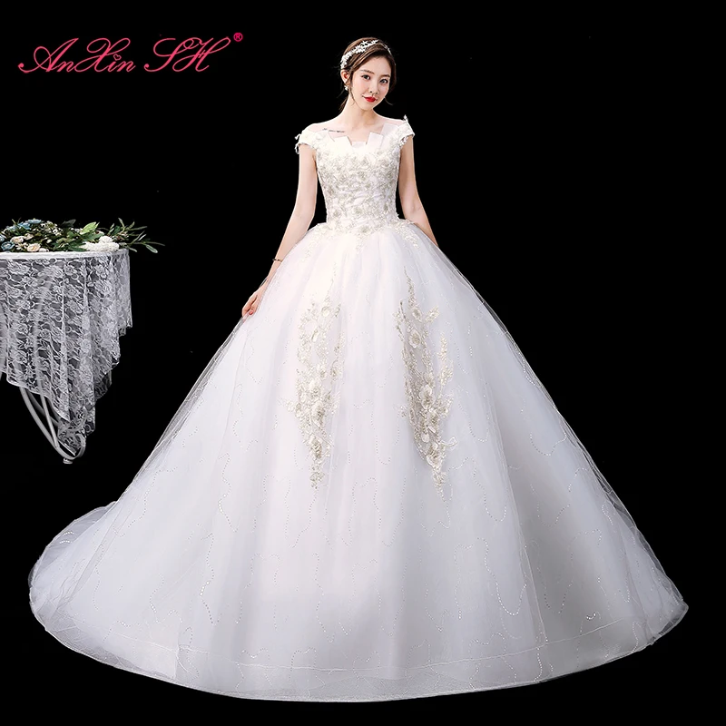 AnXin SH princess whit flower lace boat neck party vintage ruffles beading champagne rose sparkly customized wedding dress