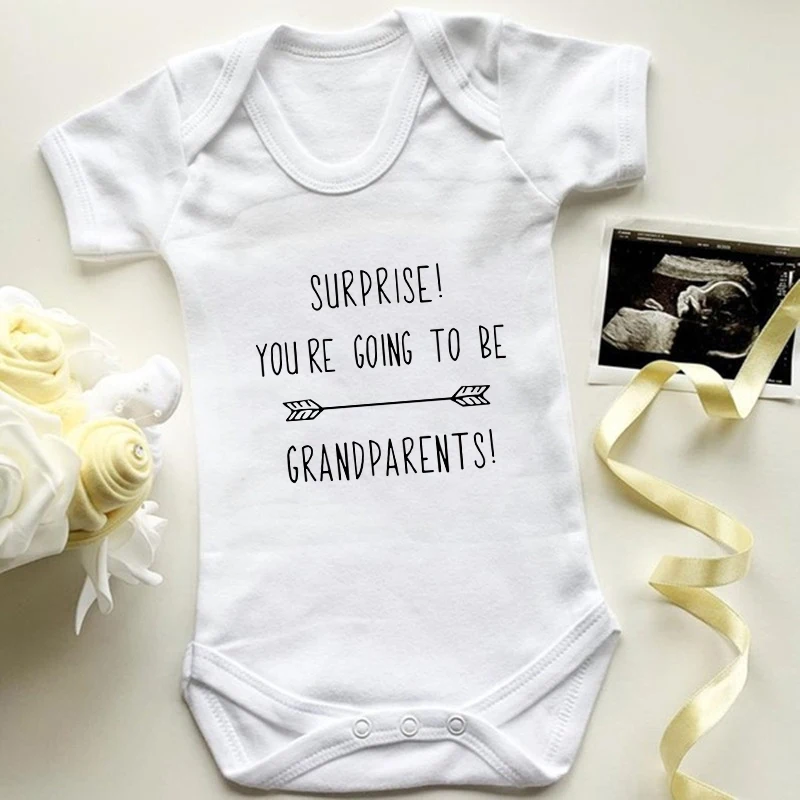 

Surprise You're Going To Be Grandparents Baby Anouncement Rompers Short Sleeve Boys Girls Onesies Funny Cotton Bodysuits