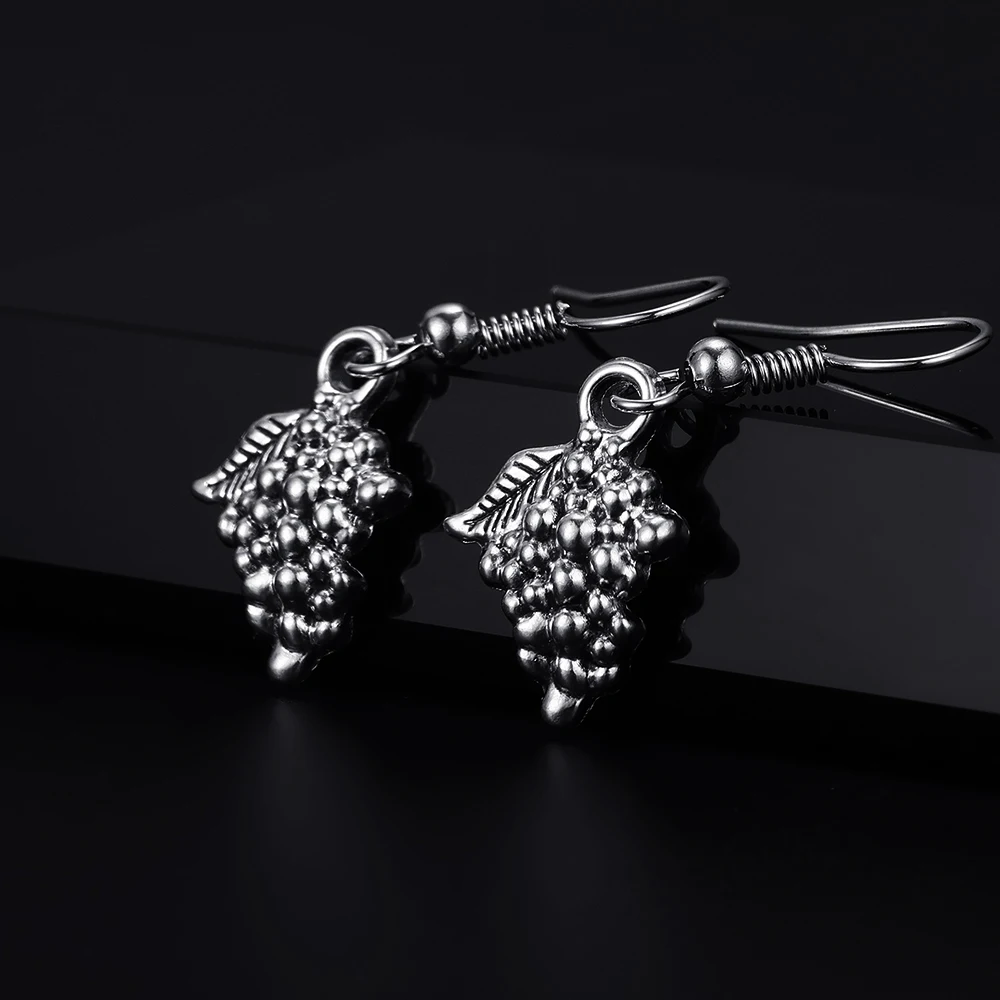 Trendy Vintage Grape Shape Antique Silver Plated Punk Hiphop Rock Style Retro Drop Earrings for Women Girl & Man Party Jewelry