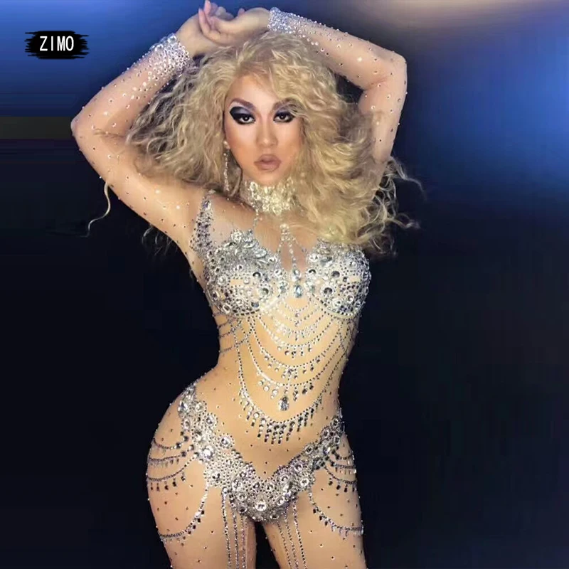 

Sparkly Crystals Nude Rhinestones Jumpsuits women party Birthday Stretch Stones Outfit Celebrate Bright Singer Bodysuit Costume