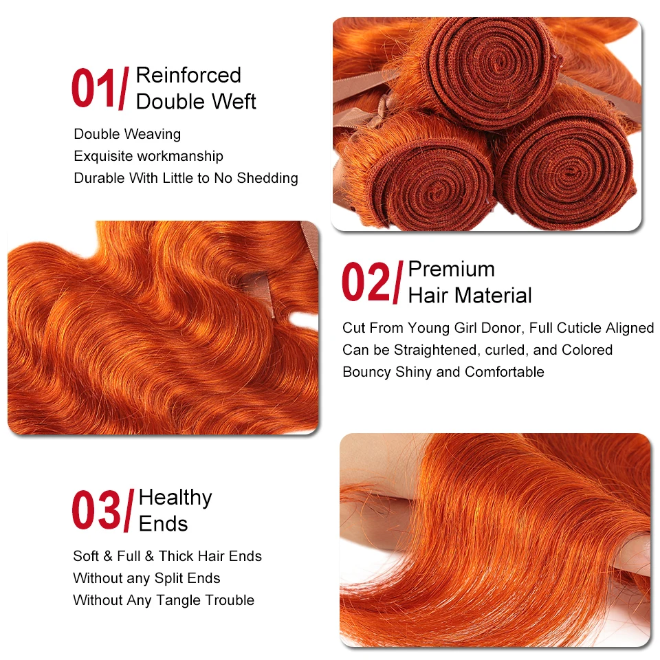 Mèches naturelles brésiliennes Body Wave avec closure-BLACK PEARL, orange, cheveux Remy, vidéo, lots de 3