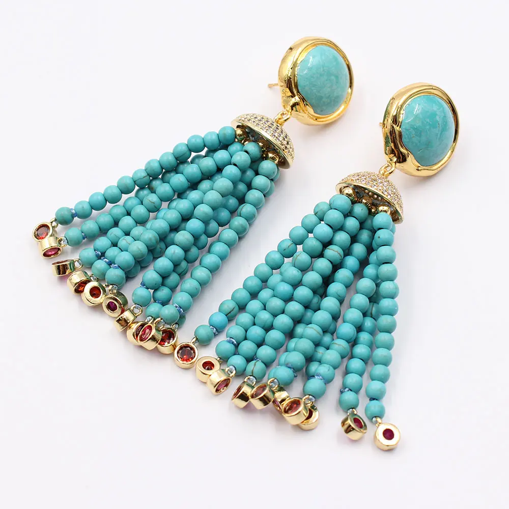 

Blue Round Turquoises Red Crystal CZ Paved Gold Plated Turquoise Stud Earrings CZ Fitting For Women Gifts