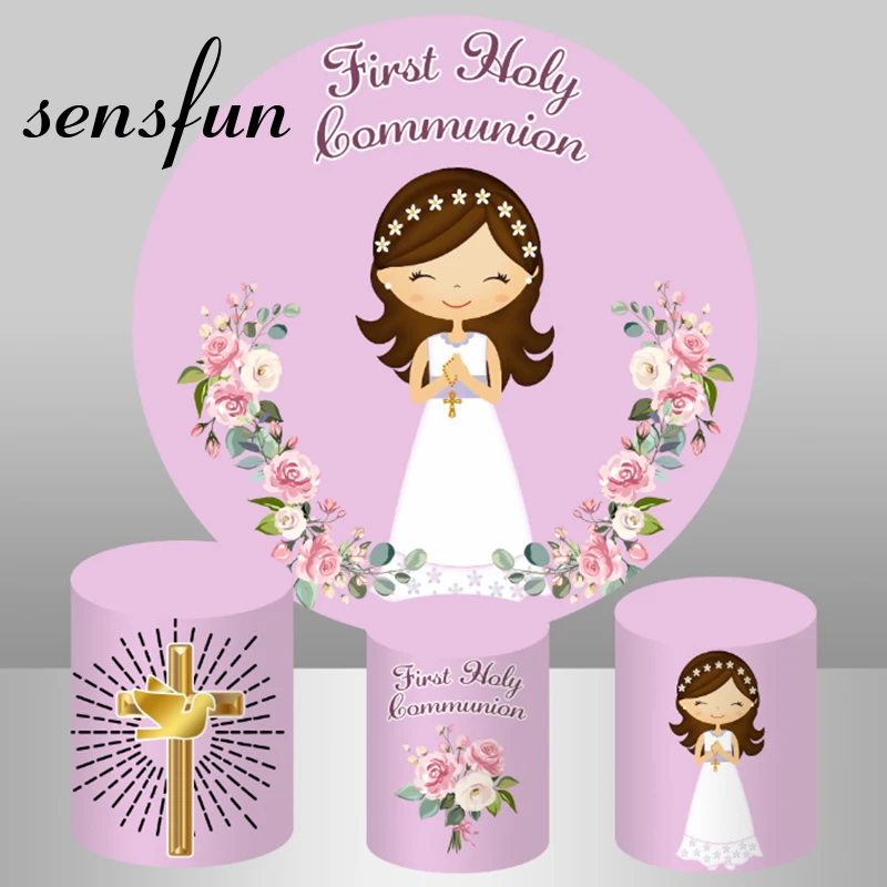 Sensfun Pink Girls Baptism First Holy Communion Round Backdrop Cover Gold Cross Flowers Praying Background Plinth Covers Custom