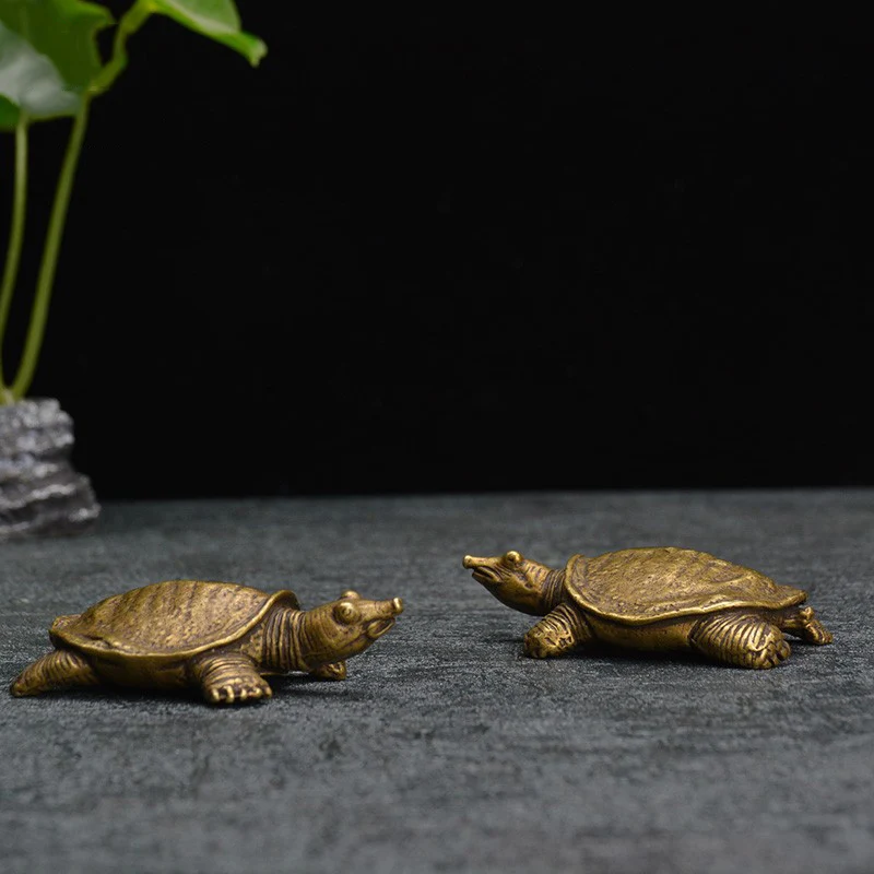 Antique Copper Mini Turtle Decorations Chinese Classical Brass Tea Pets Vintage Crafts Miniature Figurine Home Decor Accessories