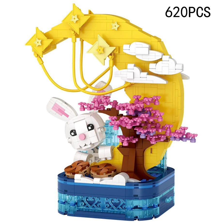 Lovely Creative Moon Rabbit Mini Block Model Pen Container Assemble Building Bricks Educational Toys Collection For Girls Gift