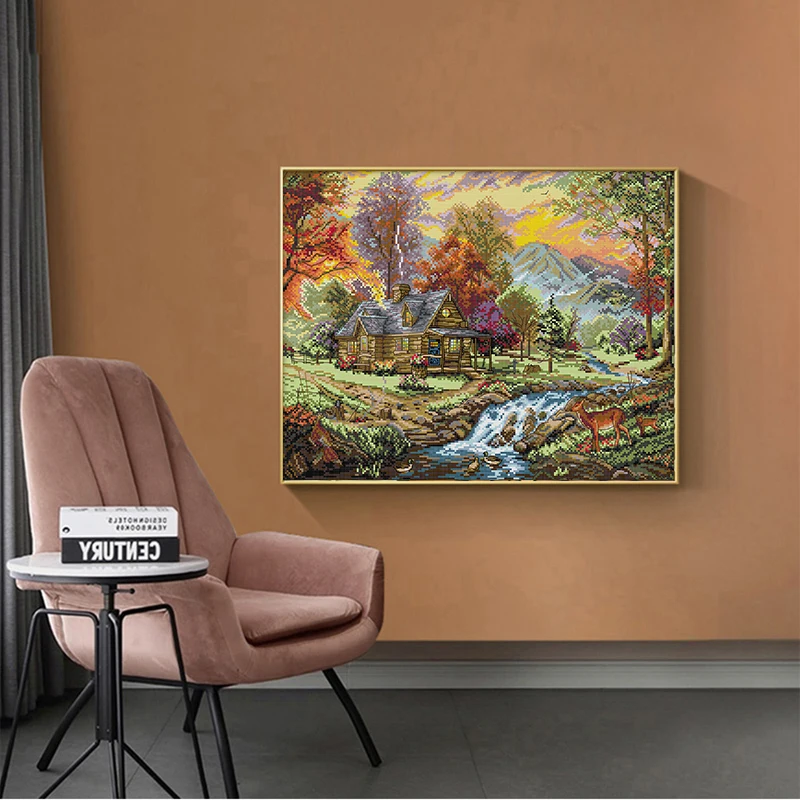 Small Streams of Water Fawn Animal Countryside Huts Beautiful Landscape Holiday Villa Cross Stitch Suite Decorative Painting Set