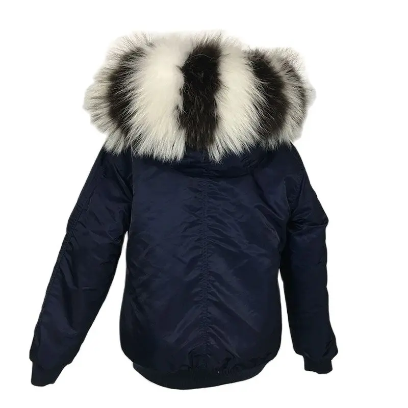 Navy Bomber Black&White Real Raccoon Fur Hoodies Solid Color Lined Windproof Fligh Jacket Casual Fur Wear