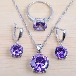 Bridal Jewelry Sets Silver Color Natural Purple Crystal Earrings For Women Costume Rings Necklace Pendant Set QZ0223