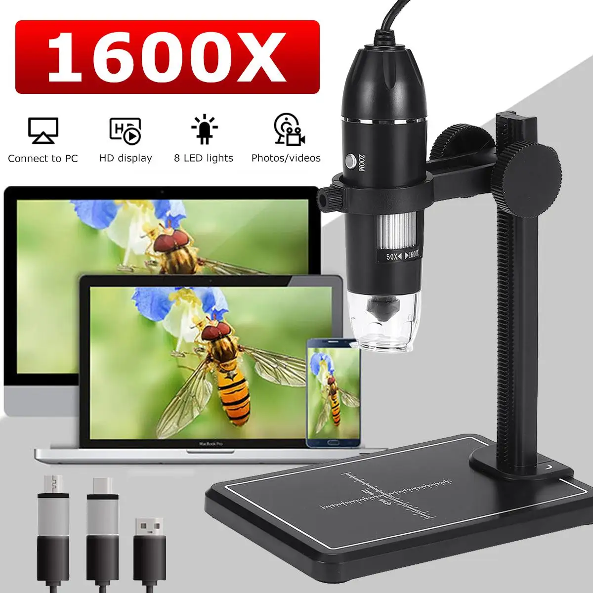 Microscopio Digital profesional USB, endoscopio electrónico con Zoom, cámara, lupa, adaptador de soporte de elevación, 1600X, 8 LED, 2MP