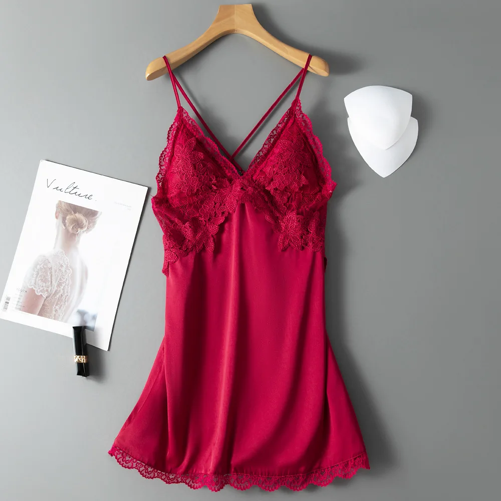 Spaghetti Strap Nightgown Women Sexy Nightwear Satin Sleep Dress Lace Patchwork Intimate Lingerie Sleepwear Hollow Nightdress