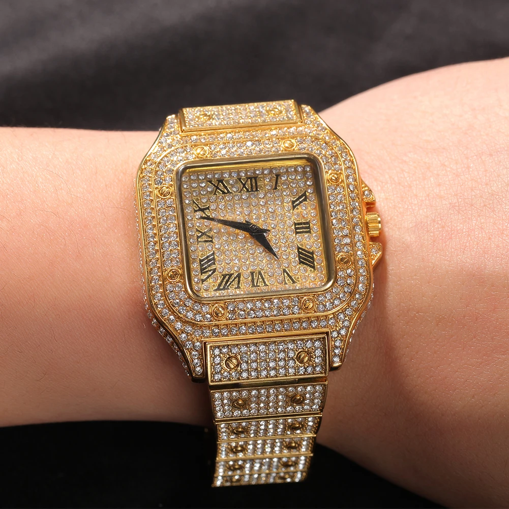 TBTK Iced Out Men Watch Square Diamond Quartz Luxury Mens Wrist Watches Gold Roman Clock Relogio Masculino