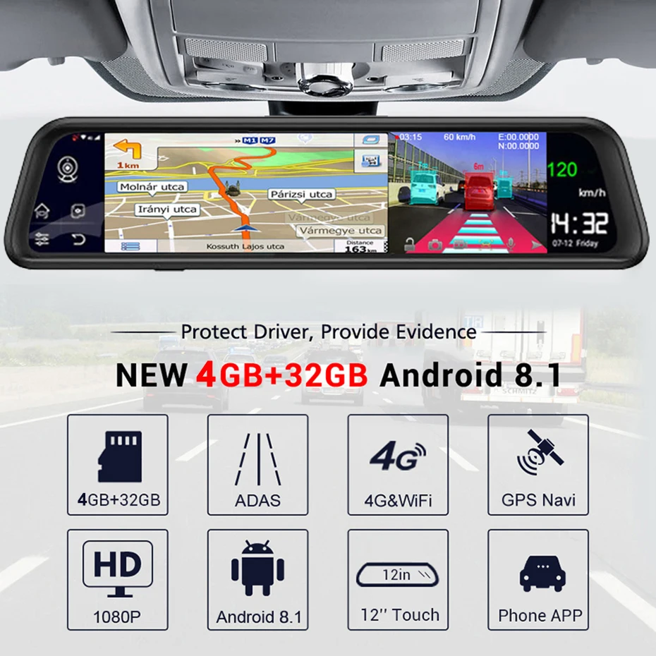 Android 8.1 Auto Video Recorder 12'' Rearview Mirror Registrar GPS Navi 4G Dash Cam WIFI Camera FHD 1080P ADAS Car DVR 4GB+32GB