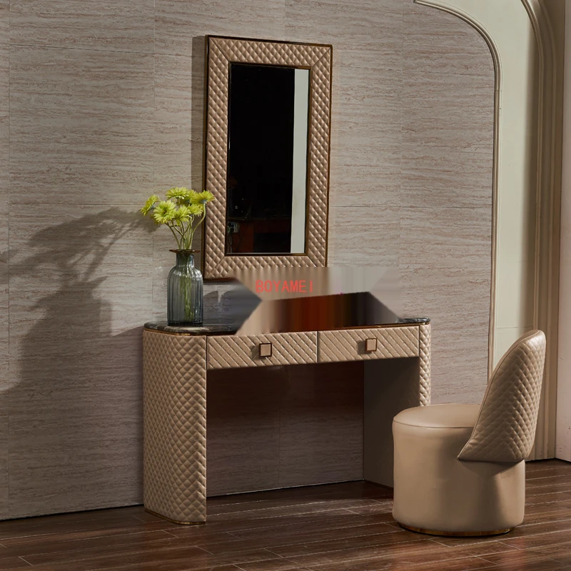 

Post-modern dresser bedroom stainless steel marble desk Hong Kong French luxury leather makeup table.