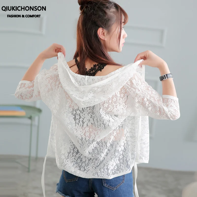 Chống Nắng Nữ Crop Tops Mùa Hè 2021 Mỏng Trong Suốt Ren Cardigan Sheer Có Mũ Áo Khoác Chống Nắng