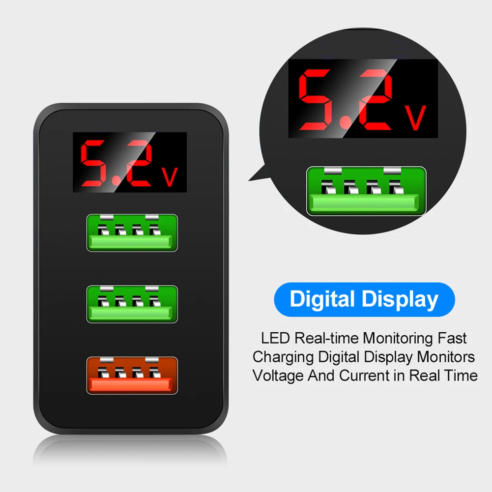 Mobile Phone Chargers Quick Charge QC 3.0 USB Charger For Tablet iPhone 15 14 13 Huawei Samsung LED Display 3 Port Fast Charging