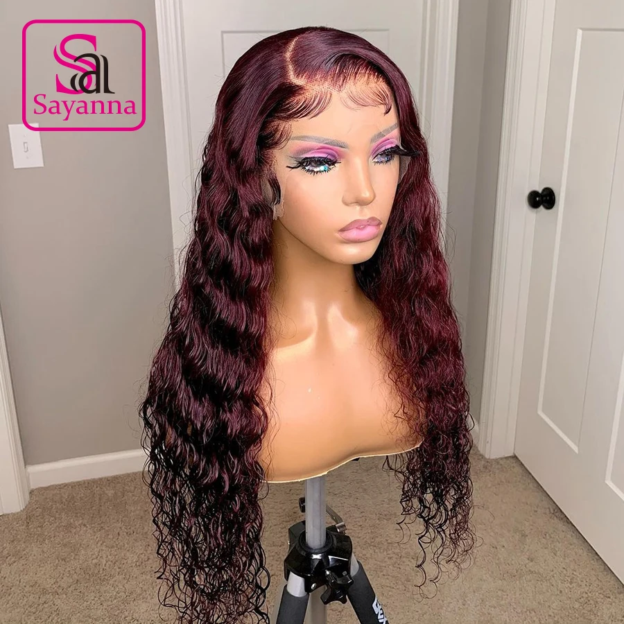 

Curly Wig Human Hair 99J Burgundy Lace Front Human Hair Wigs For Women 13x4 Transparent Lace Frontal Wig Pre Plucked Deep Wave