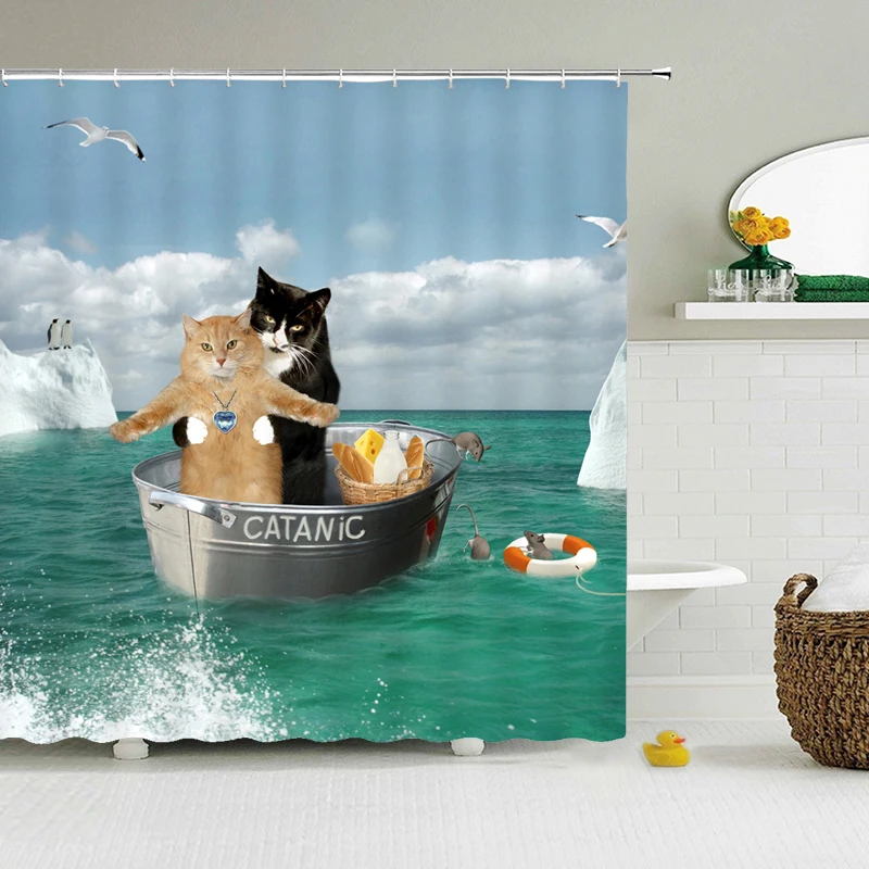 Cat Shower Curtains Bathroom Shower Curtain Cute 3D Fabric Shower Curtain with Hooks Funny Waterproof Shower Curtain or Mat