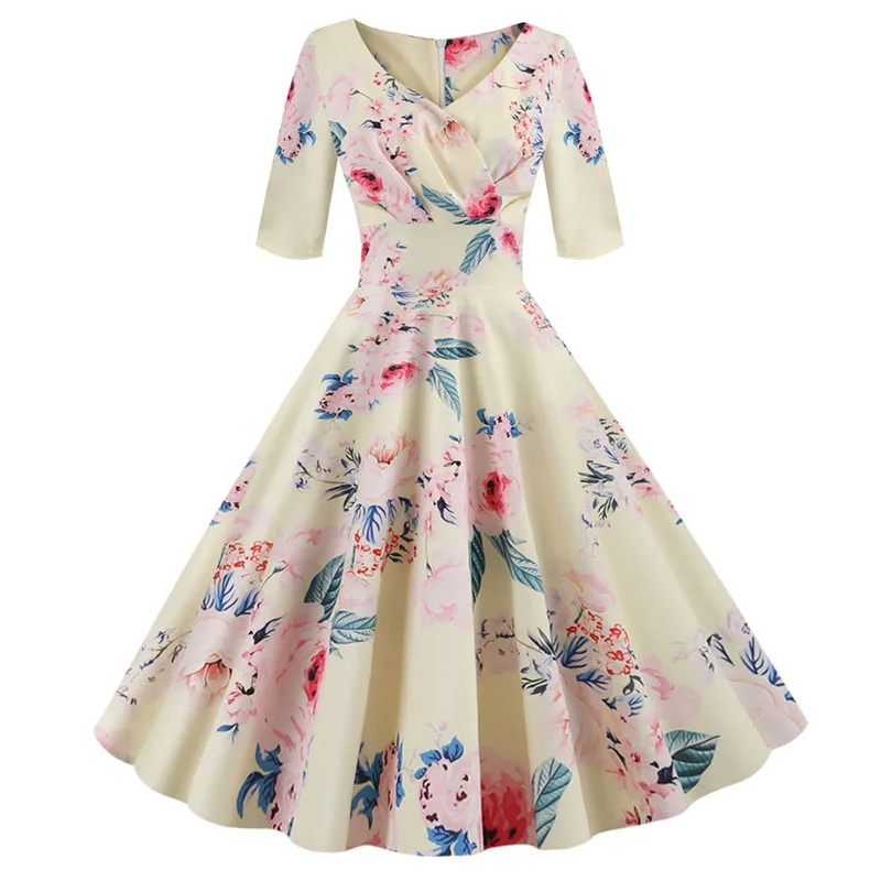 Women flower print Summer dress Casual Half Sleeve Elegant Vintage party Sundress vestidos