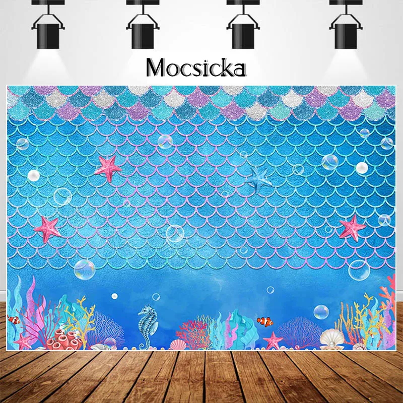 

MOCSICKA Under The Sea Backdrop Little Mermaid Scales Photography Background Under The Sea Ocean Birthday Party Backdrops Banner