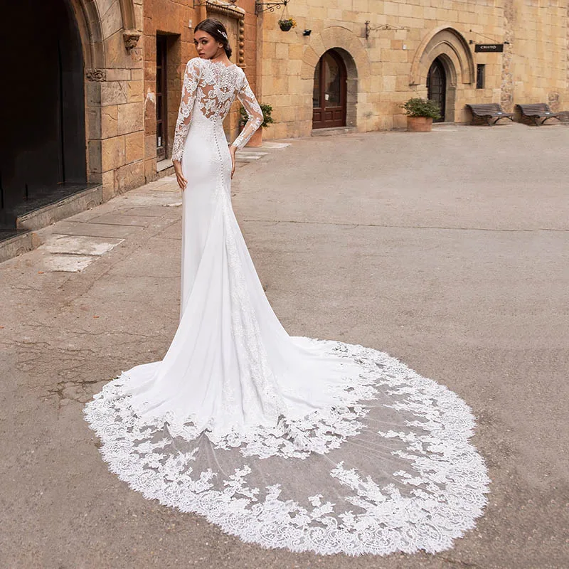 Vestido de Mariage Maniche Lunghe Abiti Da Sposa 2021 Mermaid Scollo A V In Pizzo Appliques Abiti Da Sposa Backless Abito Da Sposa Da Turchia