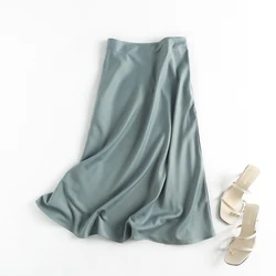 Summer Faldas Mujer Moda Midi Skirts Womens England Office Lady Satin High Waist Simple Elegant Long Skirt Women