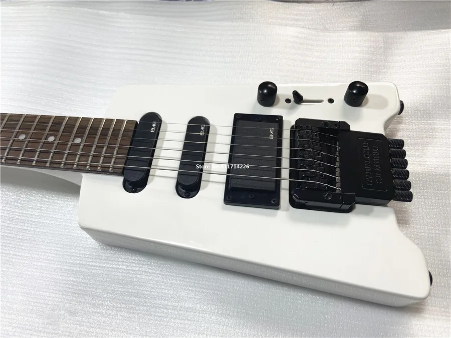 High quality white headless electric guitar with enclosed pick-up dual shake vibrato free shipping