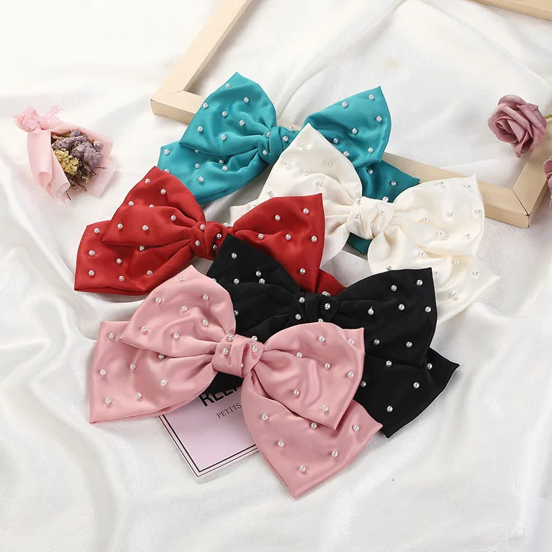 

2020 New Womne Girls Large Chiffon Silk Hair Barrettes Fashion Pearls Bowknot Hair Clips Bows Hair Accessories Hairclips