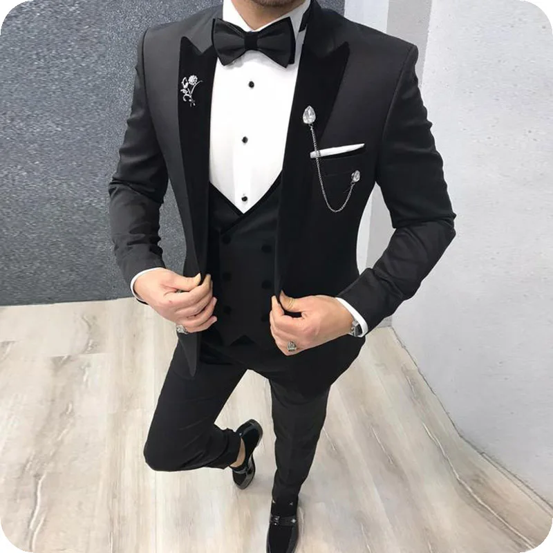 Ternos personalizados para homens negros, terno do noivo, sing de casamento, lapela com pico, colete de veludo, casaco, calça, blazer, masculino