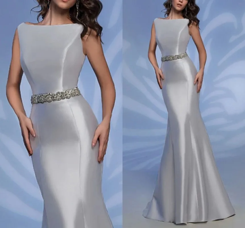 Customized Elegant Silver Long Evening Formal Dress 2023 Boat Neck Crystal Sash Mermaid Prom Party Gown Robe De Soiree