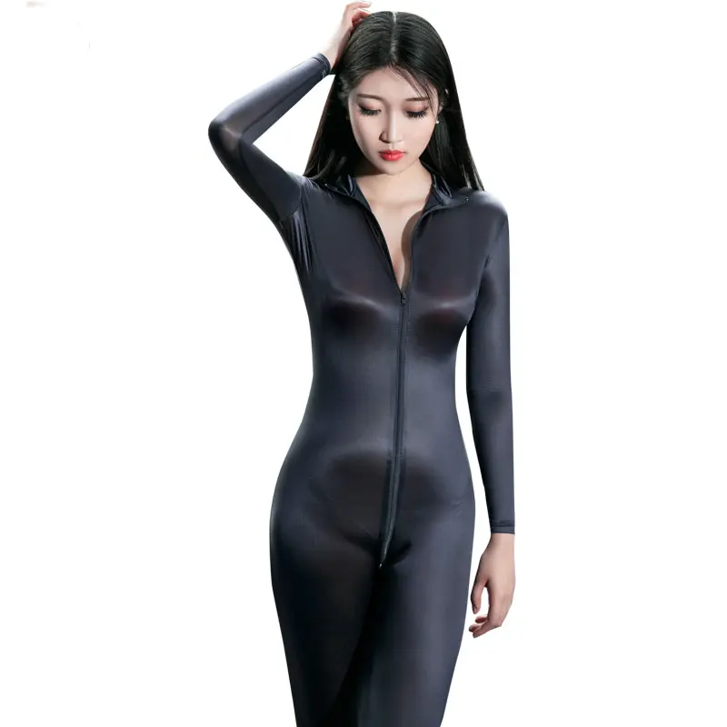 Sexy Women Wetlook Bodysuit Shiny Open Crotch Bodysuit Oil Gloosy Nightclub Dance Wear Sexy Shaping Tight Candy Color F34