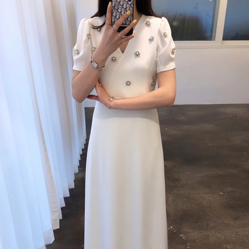 SMTHMA 2022 New Fashion Chic Summer New Women Casual Retro Bead Dress Female Vintage Elegant white Long Dresses Vestidos