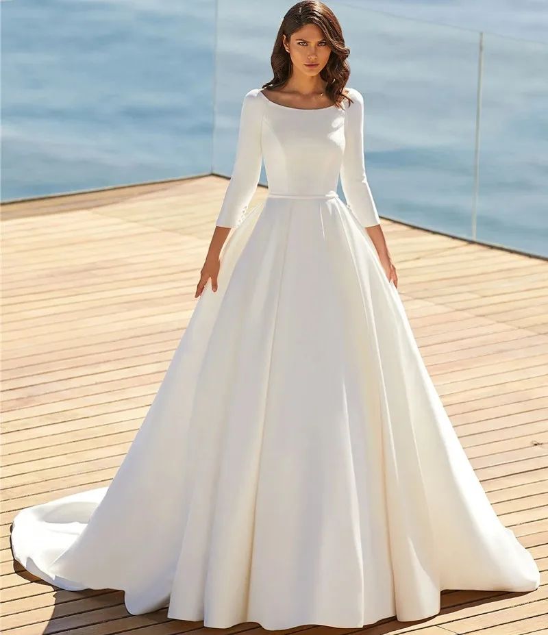 

Princess Wedding Dress With Three-Quarter Sleeves Scoop Satin Beach Bridal Gowns Simple A-Line Modest Vestidos De Noiva Mariage