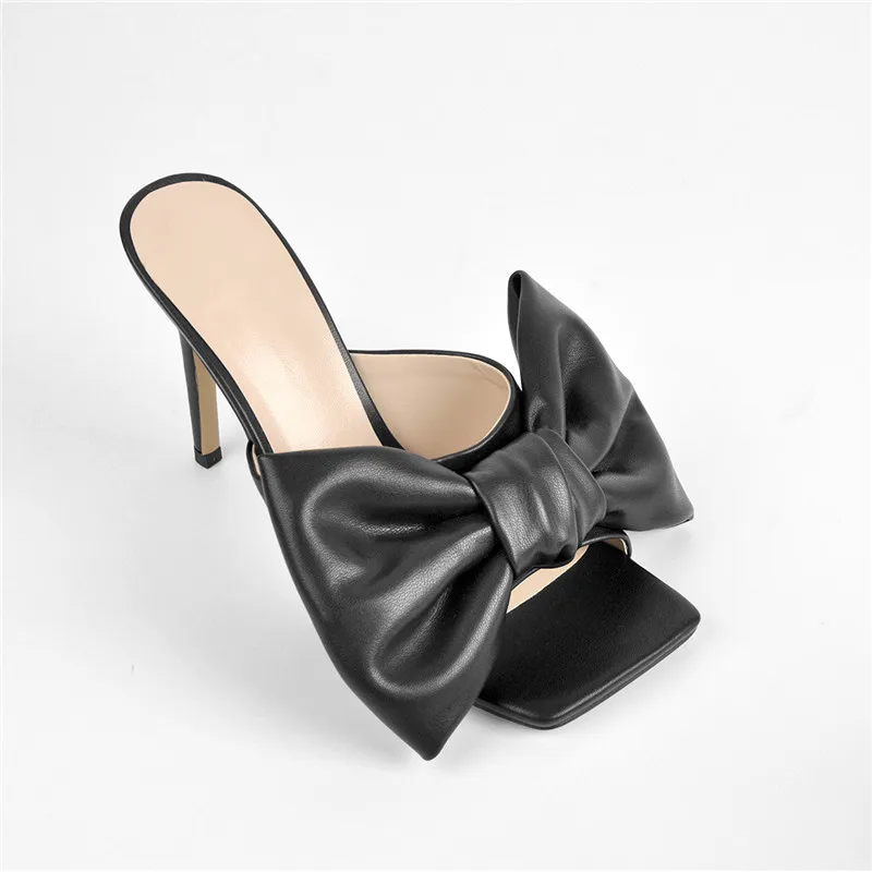 Onlymaker Peep Toe Mules Black Matte Colorful Slip On  Thin High Sandals Big Size  the bow Cute Sandals