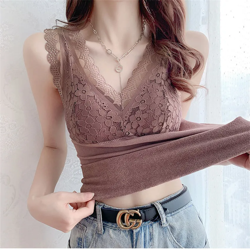 

20 Autumn Winter Fashion Plus Size Women Add Velvet Lace Tops Based Sleeveless Tees Female Warm Vests Tanks Bottomings WZ1245