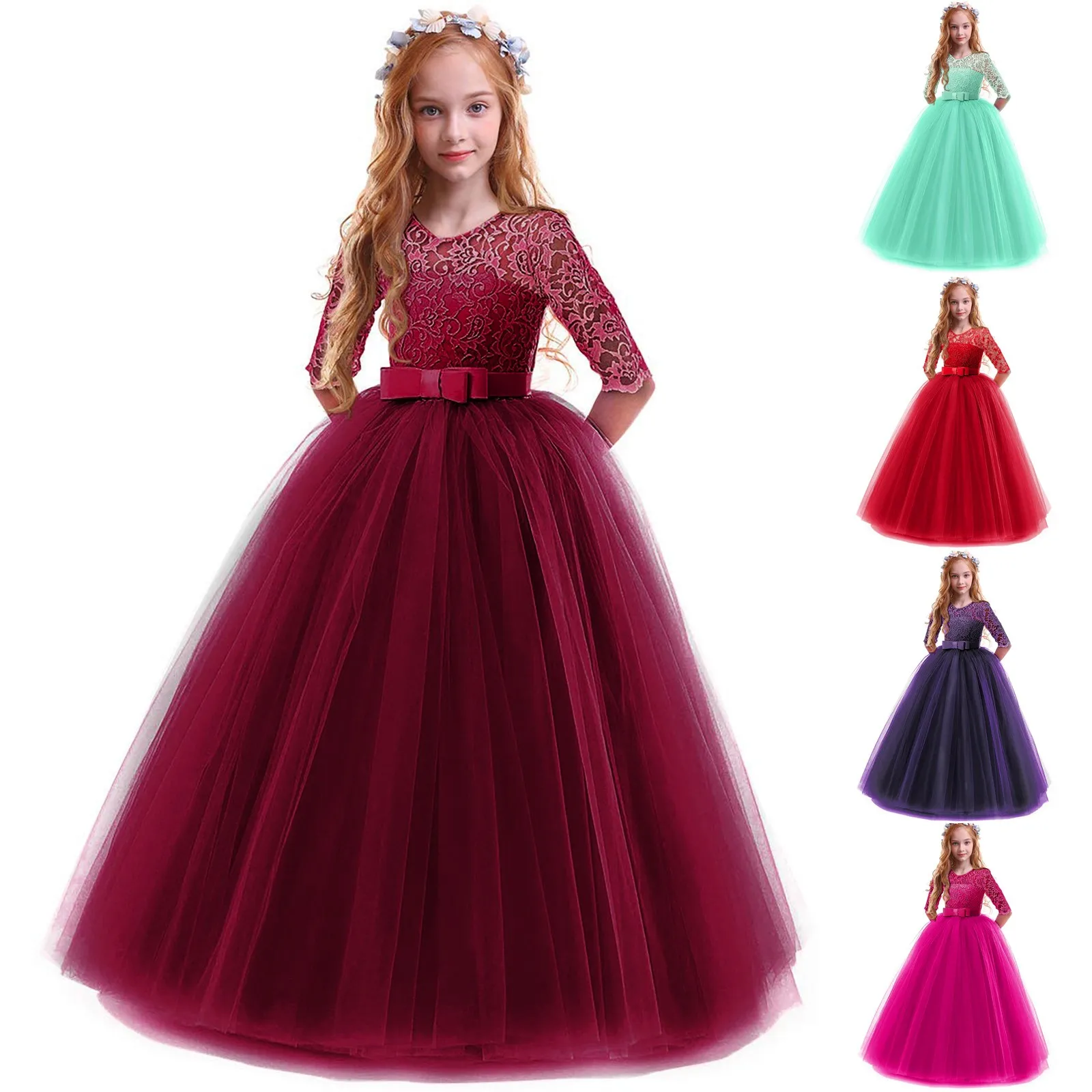 Child Girls Dress For New Year Lace Bowknot Princess Wedding Flower Girls Performance Formal Tutu Dress платье на новый год 2022