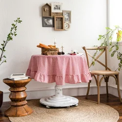 Red Plaid Cotton Linen Table Cloth Round Ruffle Dining Table Desktop Cover Household Home Decor Tableclothes for Party Outdoor