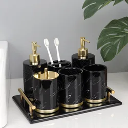 European Ceramic Bathroom Set Five Piece Set Marble Texture Washbasin Soap Bottle Golden Stroke Modern Home Bathrooms Decoration