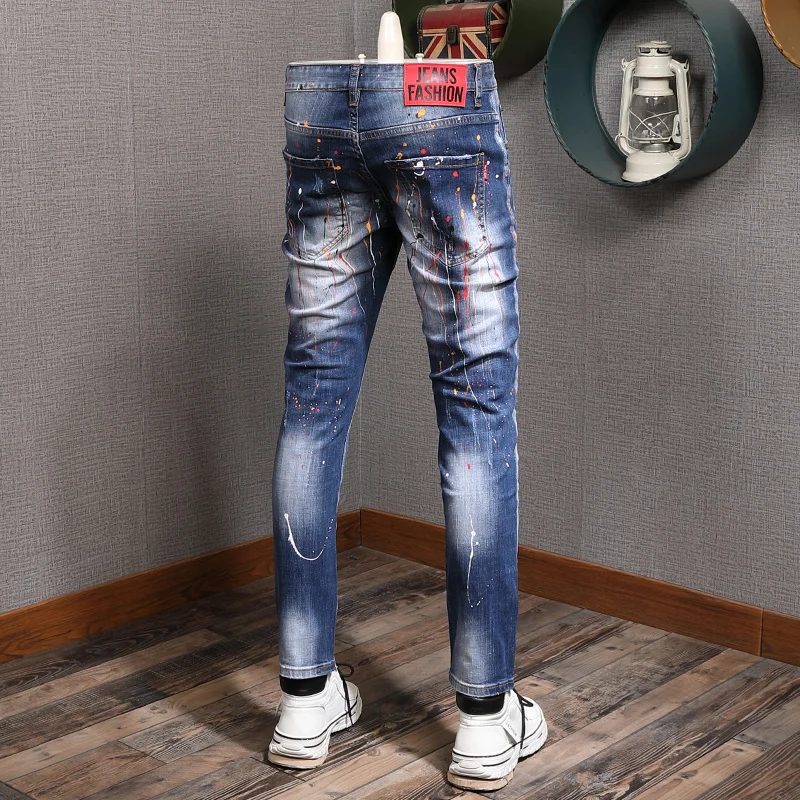 Mens Splash-ink Blue Ripped Jeans Men Fashion Slim Fit Pencil Pants Streetwear Cowboy Casual Denim Trousers