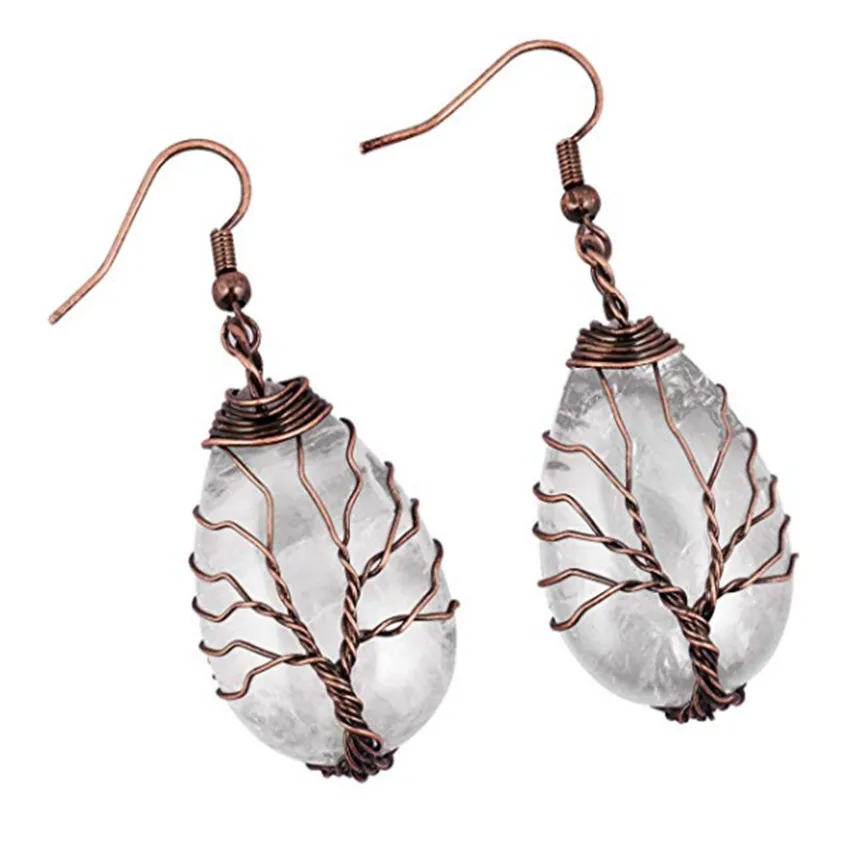 

Copper Plated Wire Wrap Water Drop Rose Pink Quartz Dangle Earrings Rock Crystal Vintage Style Jewelry